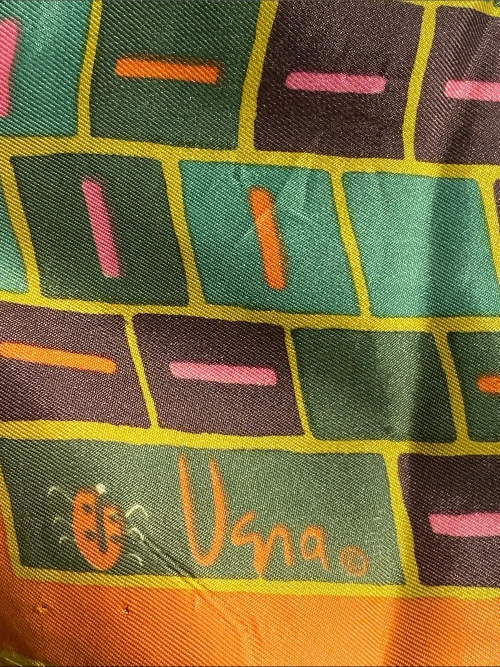 Vintage Vera Neumann Ladybug Geometric Scarf -Orange,Yellow,Pink, Brown & Green